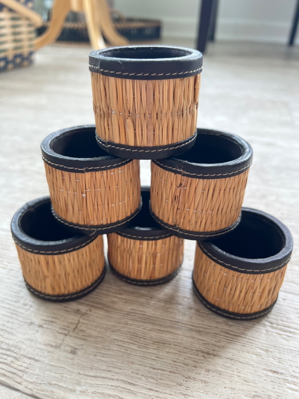 Pier 1 Dinner Napkin Rings Straw Stitched Brown Leather Boho Wood - Set of 6